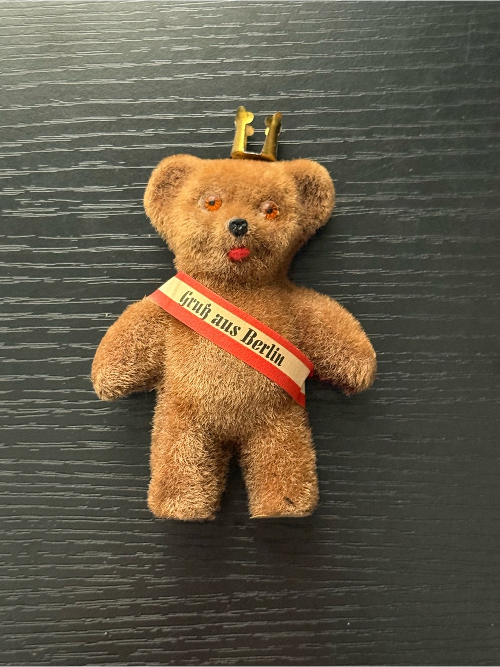 Vintage German Berlin Souvenir of a Flocked Teddy Bear with Crown & Sash